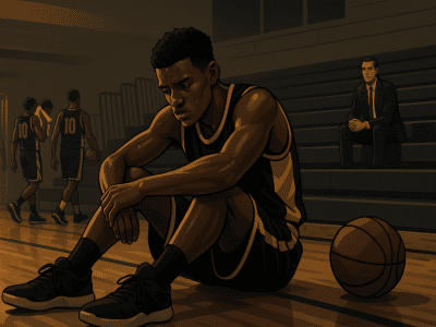 High school basketball player walking out of gym at night with college recruiter in background, representing the pressure and reality of D1 dreams.